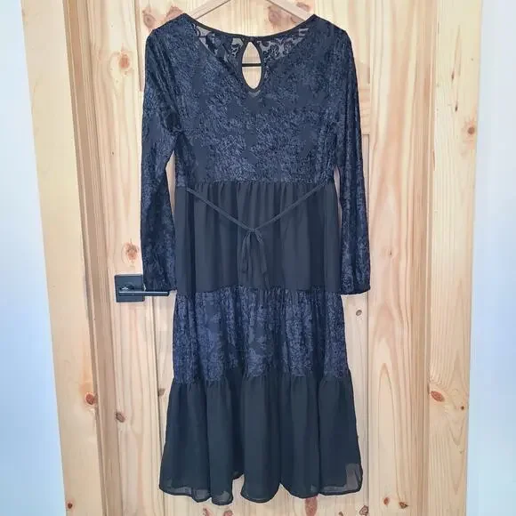 Knox Rose Long Sleeve Burn Out Velvet Chiffon Tiered Black Midi Dress Size M - Picture 3 of 11